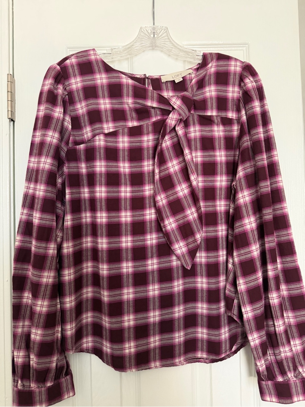 LOFT Maroon and Pink Plaid Tie-Neck Blouse